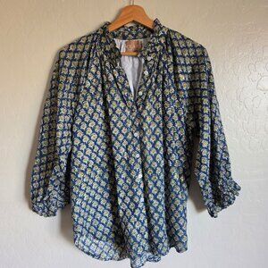 Clara the Label Gauzy Cotton Metallic Printed Blouse Lined Blue XL Cottage Boho